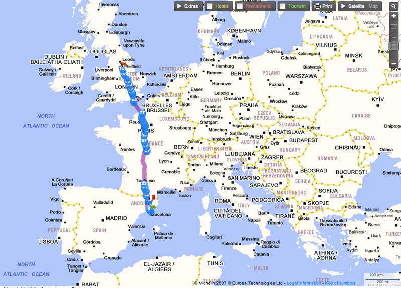 Mapa de ruta de Barcelona a Inglaterra cruzando Francia